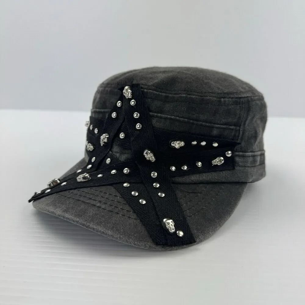 Hot Topic Star Skull Stud Cadet Hat Gray Black Studded Military Cap Adjustable